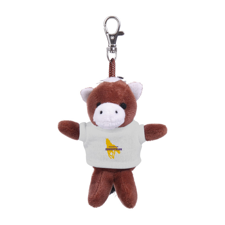 mini stuffed horse keychain with gray t-shirt and Houghton Equestrian in purple over a gold horse imprint on shirt