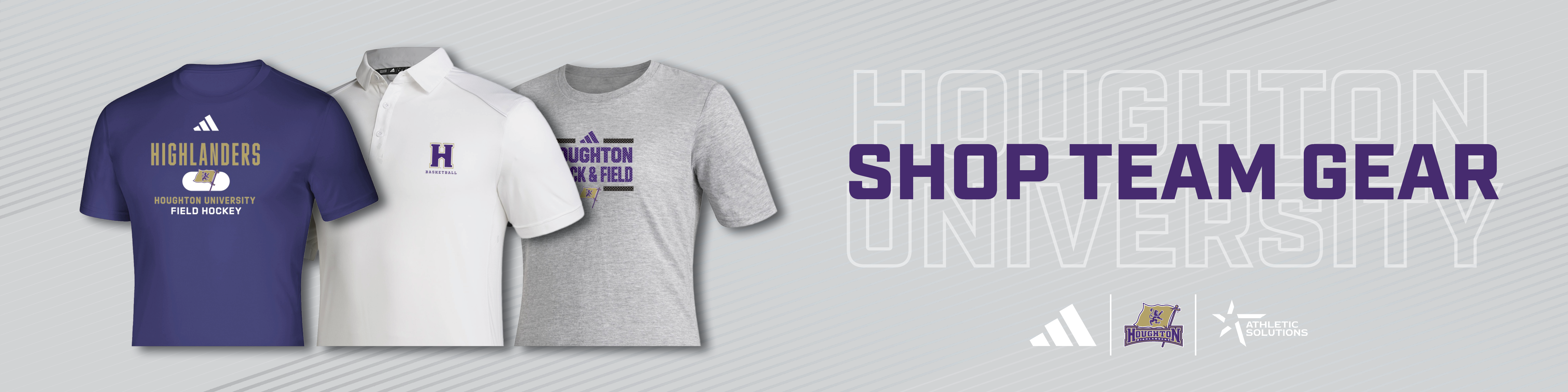Houghton University Shop Team Gear athletics logos on purple tee, white polo, and gray tee