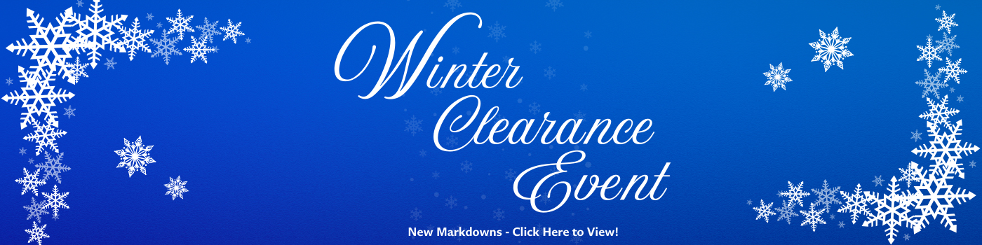 Winter Clearance Event New Markdowns - Click Here to View! Blue background with white snowflakes.