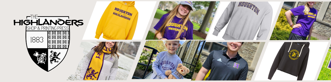 The Highlanders Shop logo in black on the left with a collage of smiling people wearing Houghton University shirts. Some ishirts in purple, some gold, some black. A girl wearing a purple and gold scarf with rampant lion, a boy wearing a gray Houghton shir