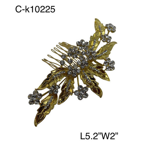 Hair Comb- 10 small rhinestone flowers with 8 large leaves, gold