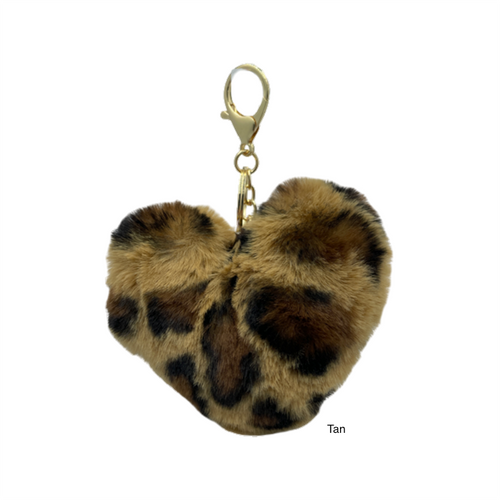 Keychain- Leopard heart shaped pom pom (colour options) min 6 pcs