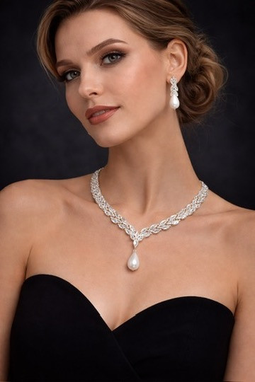 Cubic Zirconium jewellery  set with Drop Pearl silver or gold
