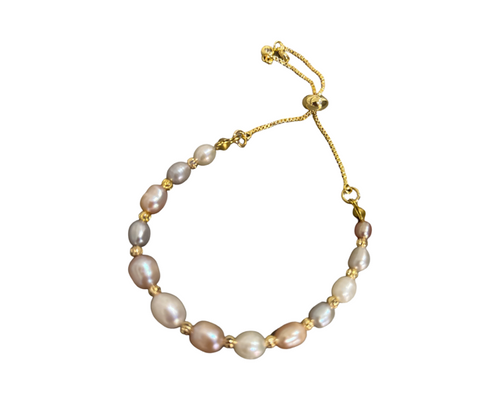 Bracelet-Irregular Fresh water pearl with gold or silver beads pull up chain