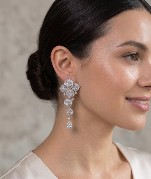 Cubic zirconia earring sterling silver post big flower dangling more