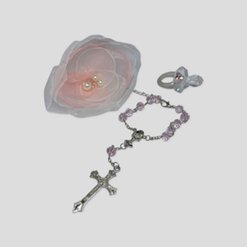 Gift box set- pink heart parcifier w crystal pink rosary and silk flower clip