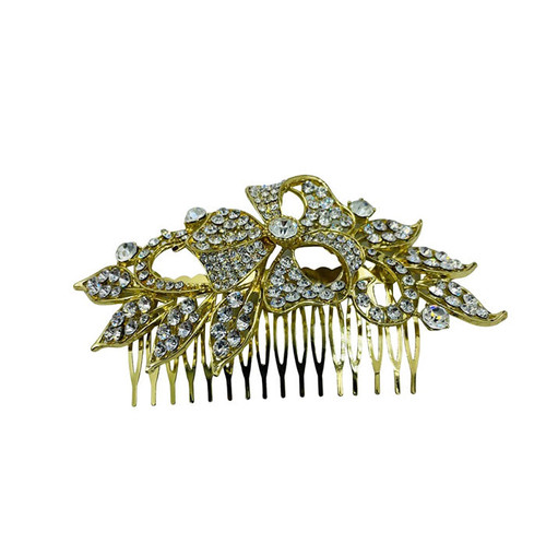Hair comb - Large gold rhinestone flower in middle with pointy leaves on sides