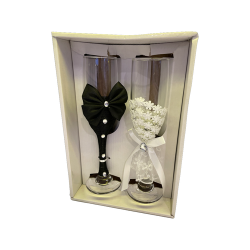 Champagne glass pair – groom and bride dress design with large bow tie and lace