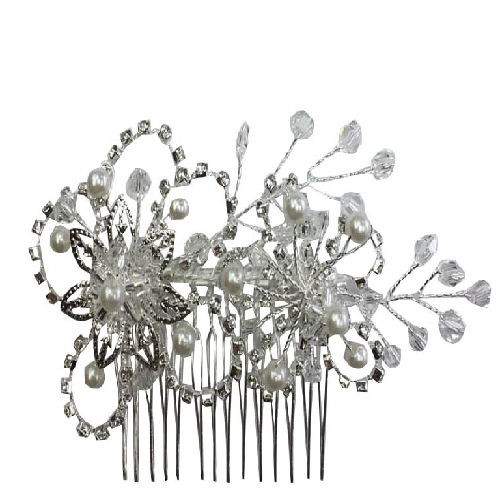 Hair comb with large rhinestone flower outline with pointy flower in middle, with pearls and clear beads