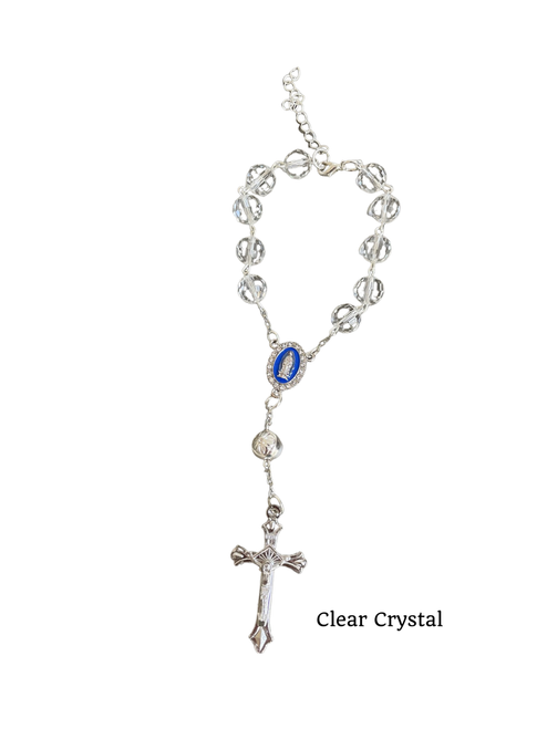 Rosary- Clear crystal 5mm hand made option centre colour with plastic box