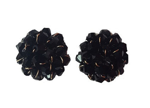 Earring, black bead cluster studs with gold