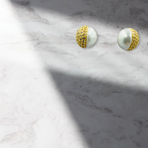 Earring- Half pearl , half rhinestone round stud-Gold