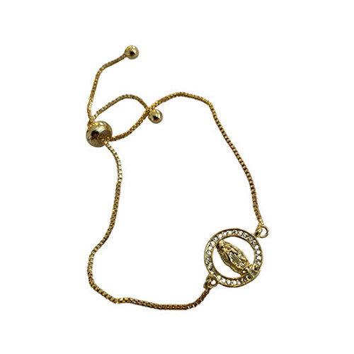 Bracelet- Virgin Mary , gold with rhinestones around, on pull cord