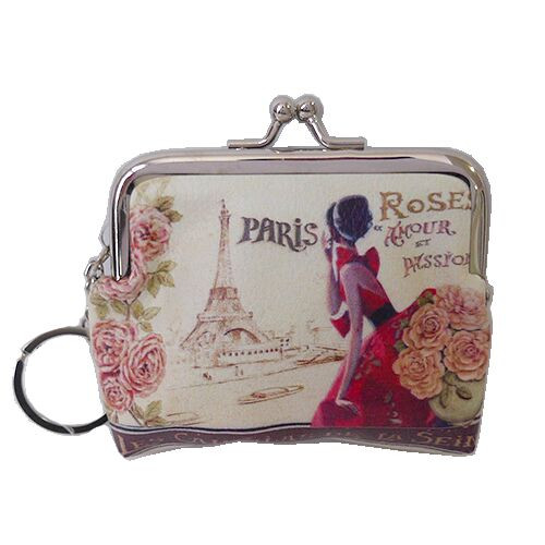 Coin purse- Paris girl in red dress " Roses Amour et Passion"