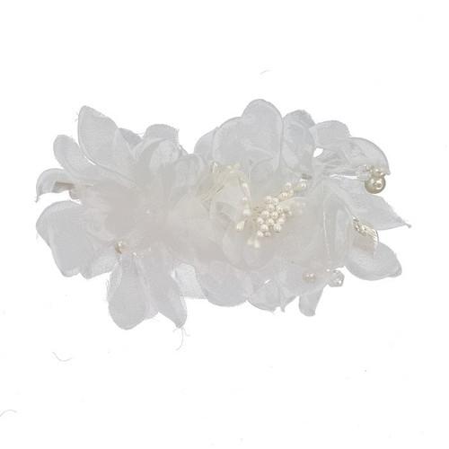 Silk flower hair clip w/ pearls and rhinestone leaves