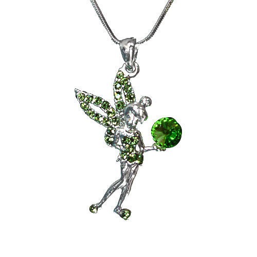 Necklace Fairy Standing Holding Crystal - Green pink clear