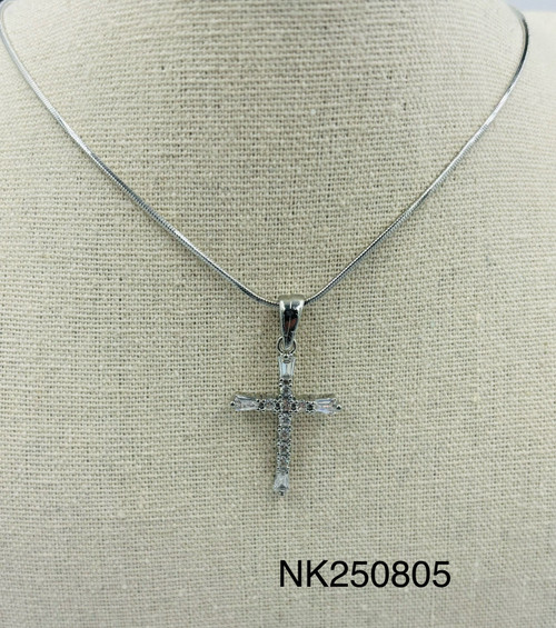 Necklace- Cubic zirconia thin Cross snake 18" chain