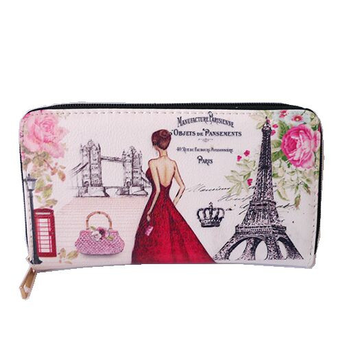 Wallet- Lady in red dress w/ Eiffel Tower and London Bridge