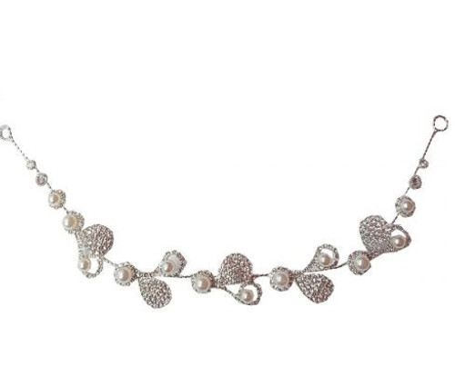Hair band on wire, rhinestone leaves and pearls , silver