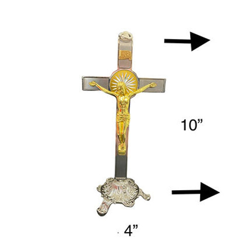 Large cross stand gold on silver , 10 by 4 inches