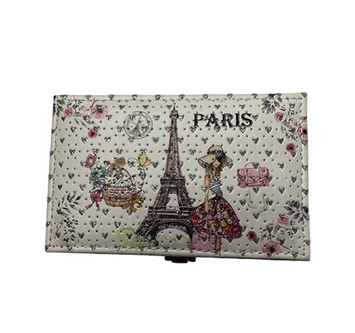 Jewelry box small rectangle- Lady in front of Eiffel Tower with cat in basket "Paris" on glitter heart background