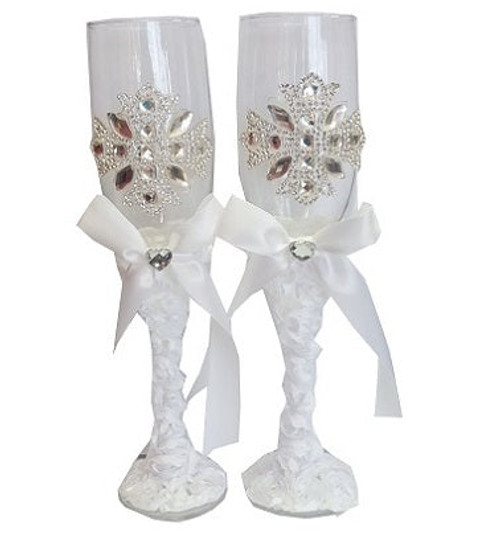 Champagne glass pair - cross embellishment, roses stem with ribbon