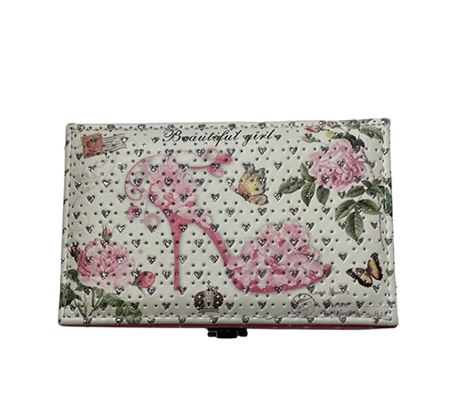 Jewelry box small rectangle- Pink high heel with flowers and butterflies “Beautiful girl” on glitter heart background