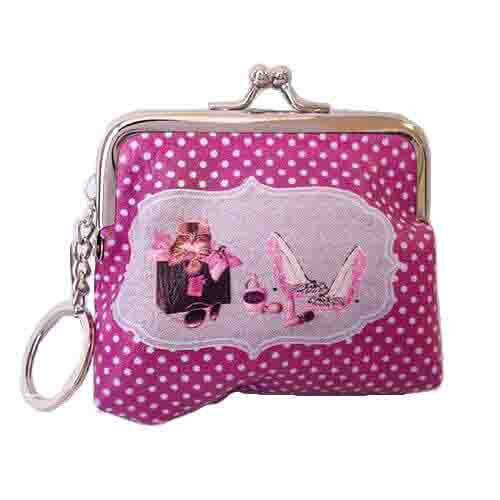 Coin purse- Cat in bag w/ shoes and makeup. Polkdot background