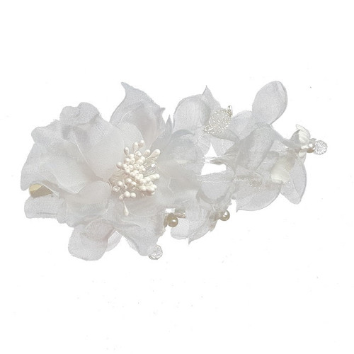 Silk flower hair clip w/ 4 fabric flowers and rhinestone leaves