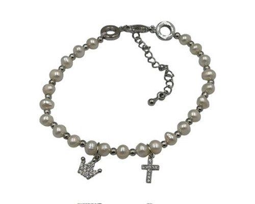 Bracelet -  Fresh water pearl pearls cross and crown charm Bracelet -  Fresh water pearl pearls cross and crown charm