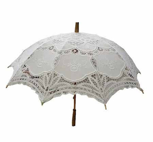 Parasol - laced cotton, white fancy design with wood handle