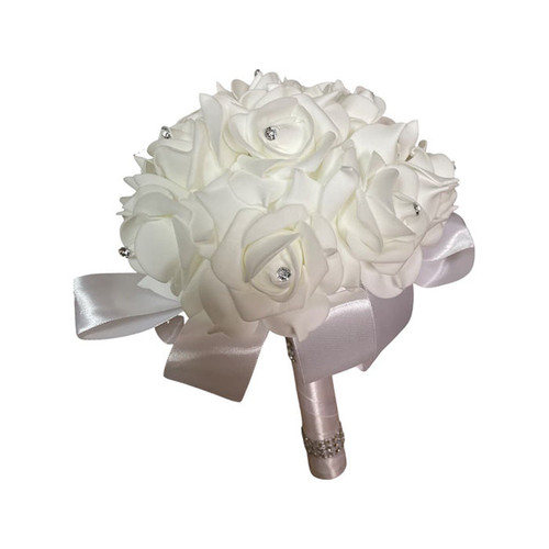 Wedding flower bouquet with foam roses with rhinestone pins in middle and ribbon with bling wrapped around