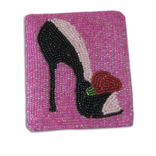 High Heel Sandal, Black on Pink w/ Red Flower on Toe (Rectangl