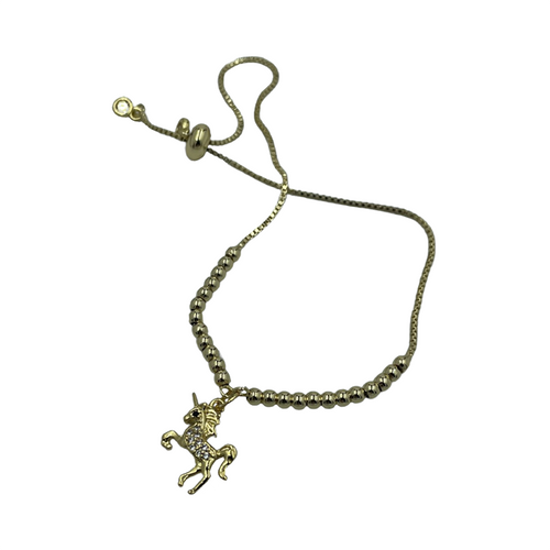 Bracelet- Hanging gold unicorn with gold beads, on pull cord