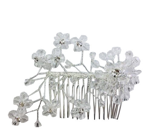 Hair comb with large clear beaded cluster and 8 smaller clear beaded flowers