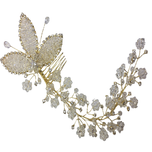Hairband on wire with rhinestones , 3 clear beaded leaves and clear beaded flower clusters, gold