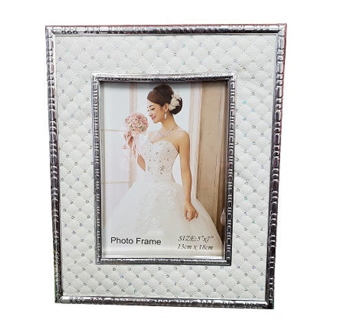 Picture Frame-White faux leather with sequence and silver border (5x7)