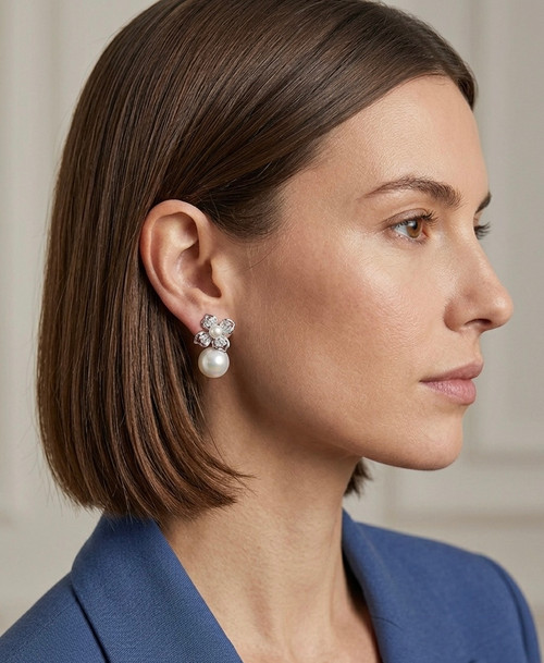 Earring- Crystal flower stud with pearl center and pearl underneath ( colour options) Min 2 pcs each , sterling silver post