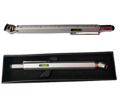 Metal pen format (no ink) with ruler / level, tire gauge, stylus and small screwdriver