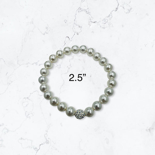 Bracelet-Ivory white shell pearls with 1 shamballa bead - Adult size, elastic 2.5 "