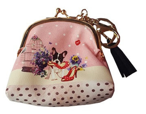 Coin Purse- French bulldog with shoes and bird cage