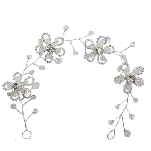 Hair band on wire with 4 rhinestone outline flowers and clear beads around