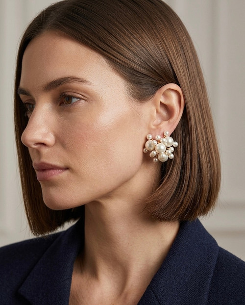 Earring- Pearl cluster studs , gold backing