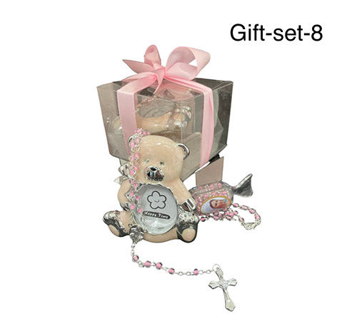 Gift Set- Pink bear picture frame with pink beaded rosary necklace in a clear box with bow