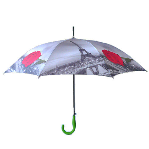 Umbrella - Eiffel tower and red rose, green handle