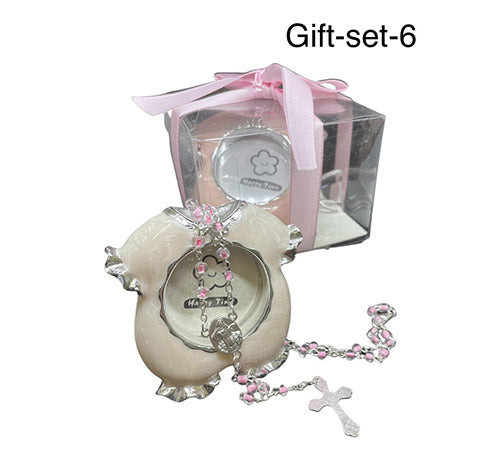 Gift Set- Pink onsie picture frame with pink beaded rosary necklace in a clear box with bow