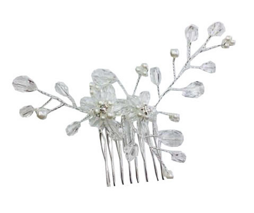 Hair comb with two clear beaded flowers with pearl centers with pearl and beads around