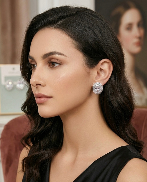 Earring - cube zirconia silver post stud size1"x05"
