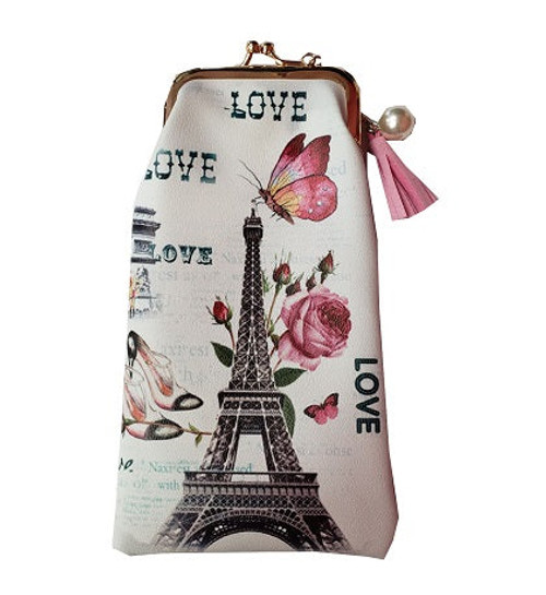 Glasses Case- Paris, Eiffel Tower with shoes, butterfly and flowers