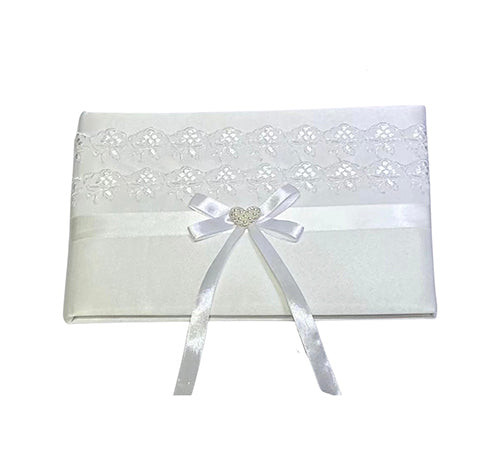 Wedding guest book with lace design and bow with pearl heart